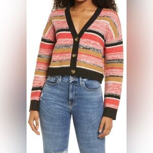 BP Cropped Cardigan XS Black Red Marl Stripe V Neck Button Front Sweater